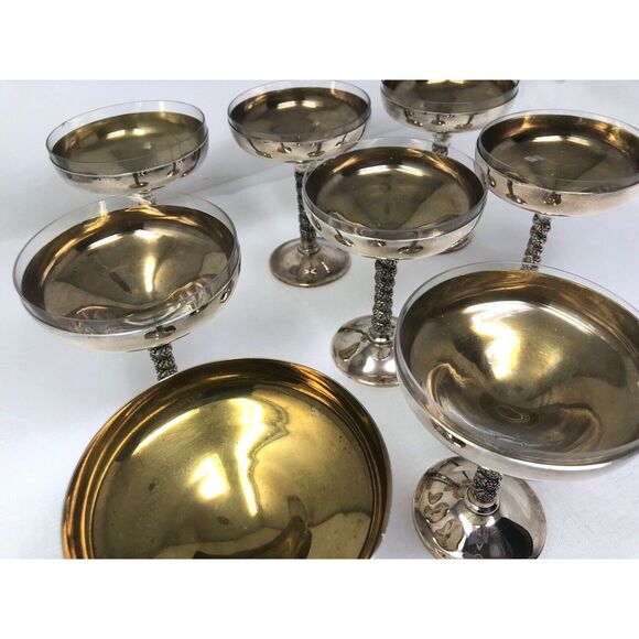 Set of 8 Silverplated Goblets w/ 7 Glass Inserts Marked Spain Gold Wash Interior